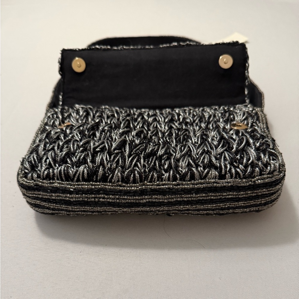 Anthropologie Maeve Fiona Crochet Beaded Bag Black & Silver - Picture 9 of 12